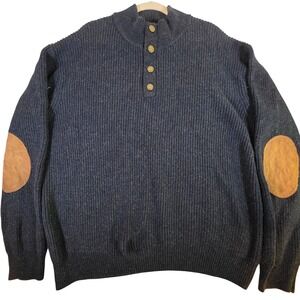 ORVIS Mens XL Navy Cashmere Blend Ribbed Chunky Henley Sweater Elbow Patches